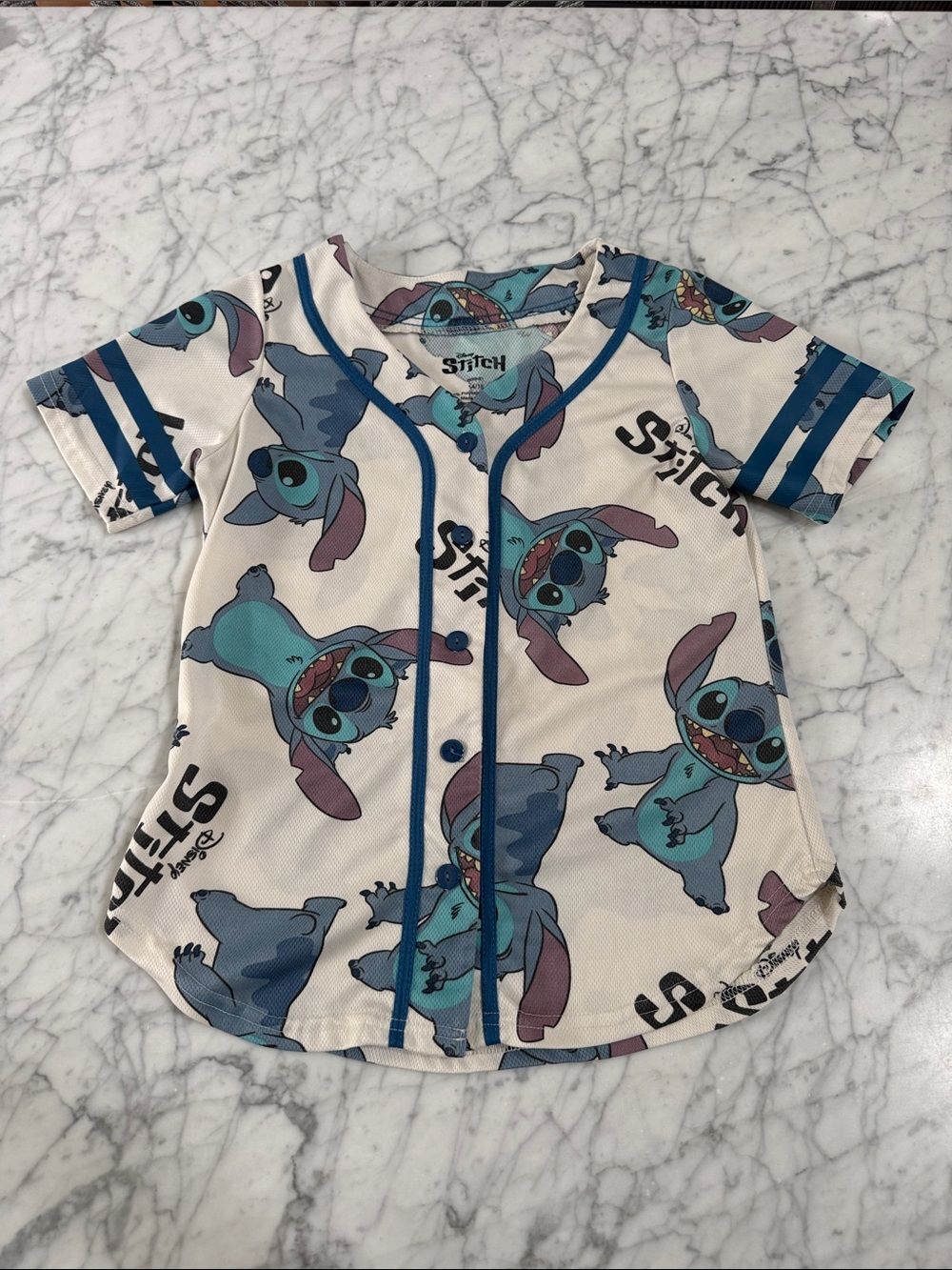 Disney Stitch Sz 14/16 Women’s XS Button-Front Jersey in White, Blue & Teal